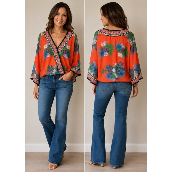 Flying Tomato Tops - Flying Tomato Orange Tropical Floral Kimono Sleeve Wrap Crop Top IT1010GC-TJ M